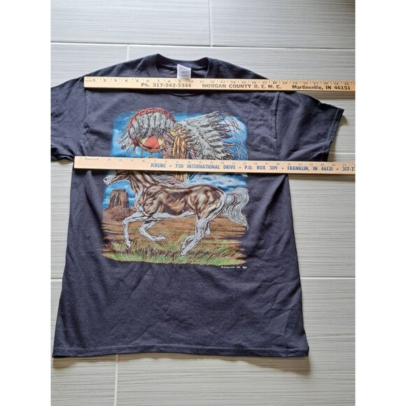 Native American Horse Graphic Black T-Shirt M Gildan Cotton 1990s Vintage Unisex - Picture 9 of 9